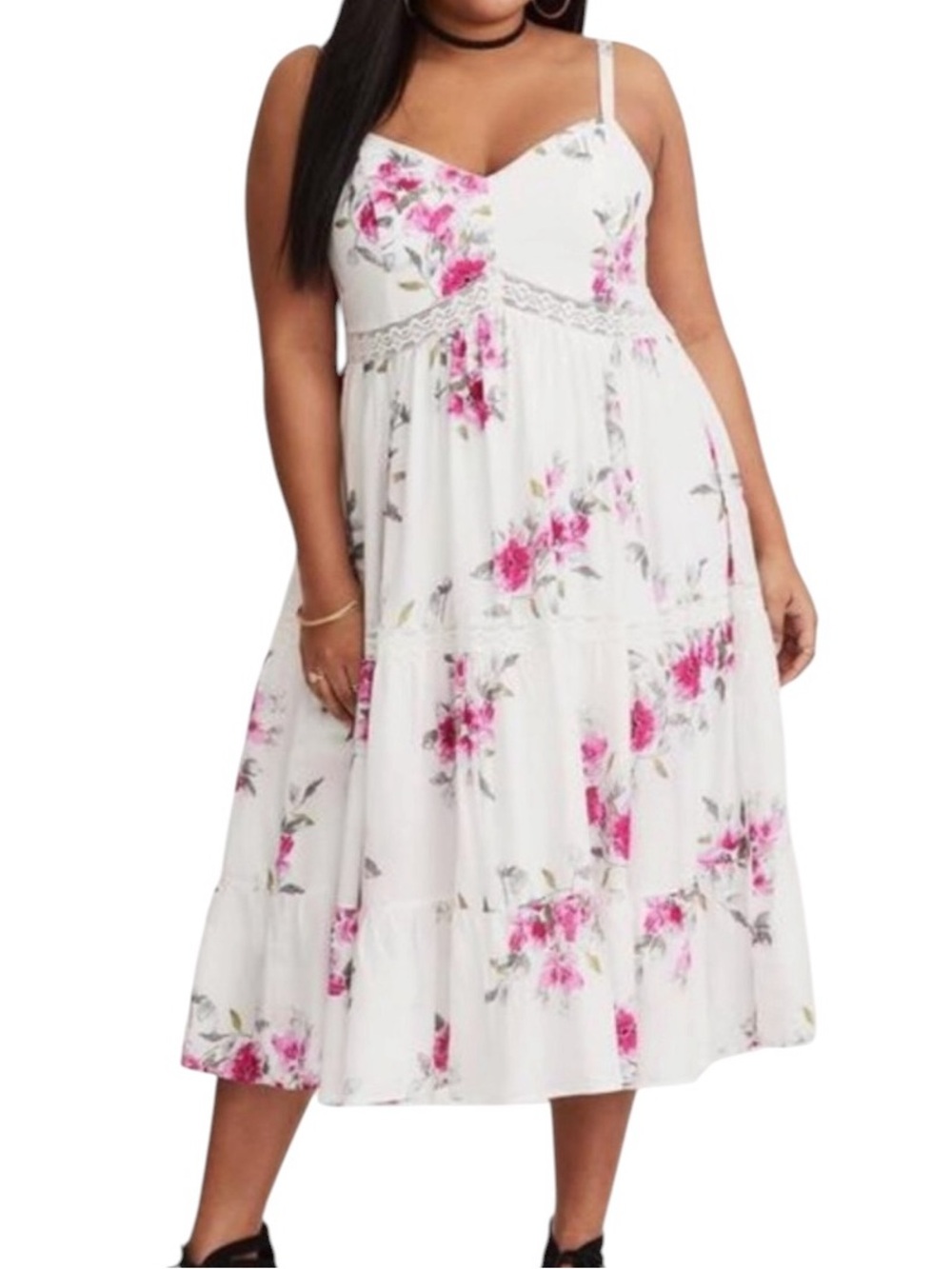 Torrid sz 1 White Pink Floral Midi Sundress Sun Dress A-line skirt smocked back